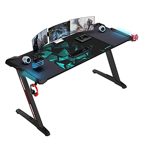 DESIGNA 60' Gaming Desk with RGB LED Lights, Large Z-Shaped Gaming PC...