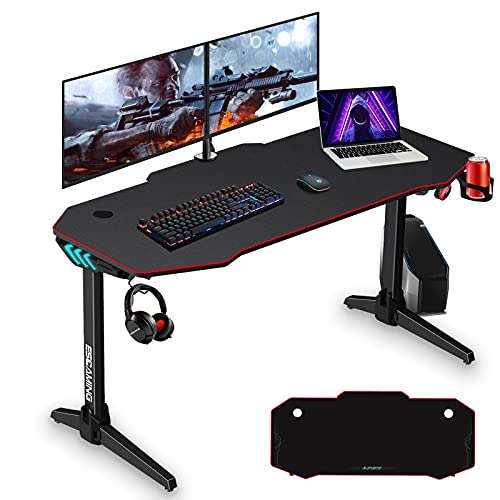 ESGAMING Gaming Desk with LED Lights, 55 Inch Gaming Table with...
